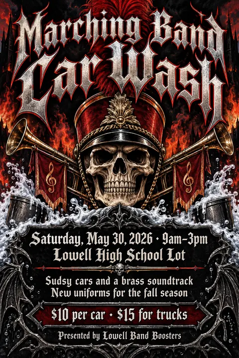 Heavy Metal Concert Poster style event poster for a fictional fundraiser: Marching Band Car Wash