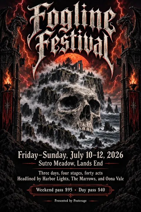 Heavy Metal Concert Poster style event poster for a fictional festival: Fogline Festival