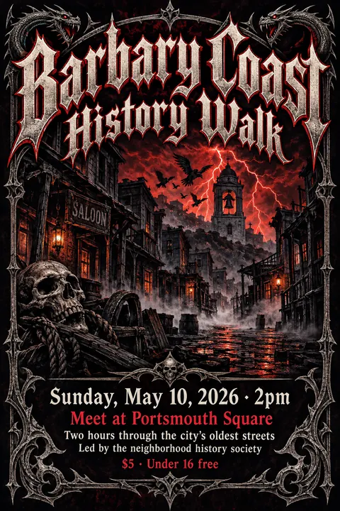 Heavy Metal Concert Poster style poster for a fictional event called Barbary Coast History Walk
