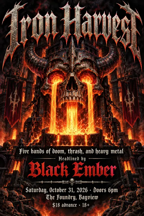 Heavy Metal Concert Poster style poster for a fictional event called Iron Harvest
