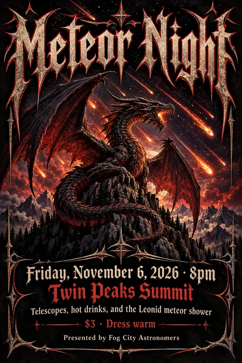 Heavy Metal Concert Poster style poster for a fictional event called Meteor Night