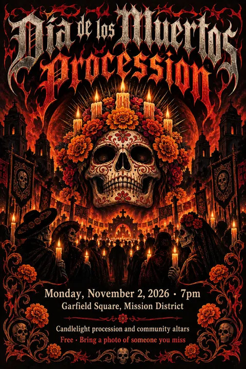 Heavy Metal Concert Poster style poster for a fictional event called Día de los Muertos Procession