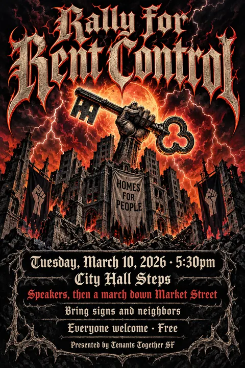 Heavy Metal Concert Poster style event poster for a fictional protest: Rally for Rent Control