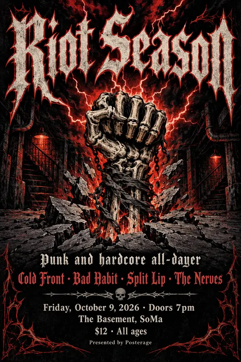 Heavy Metal Concert Poster style poster for a fictional event called Riot Season