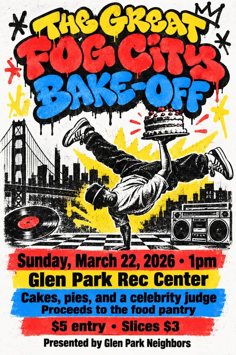 80s NYC Hip Hop Flyer style event poster for a fictional fundraiser: The Great Fog City Bake-Off