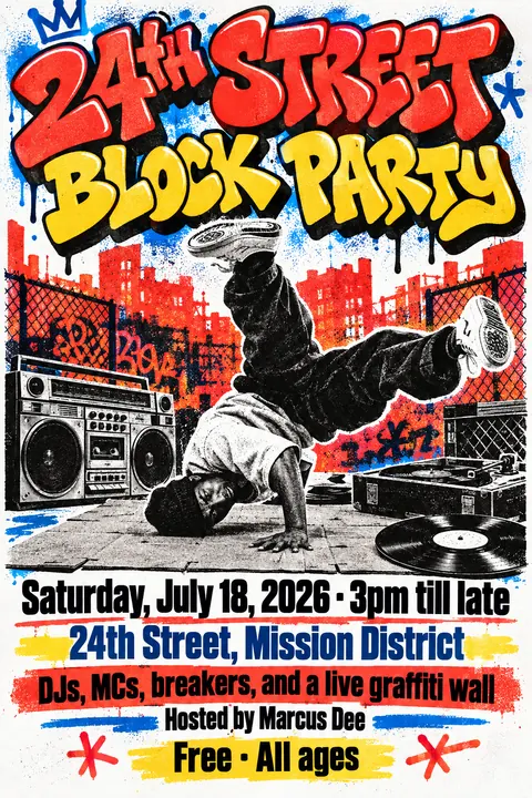 80s NYC Hip Hop Flyer style poster for a fictional event called 24th Street Block Party