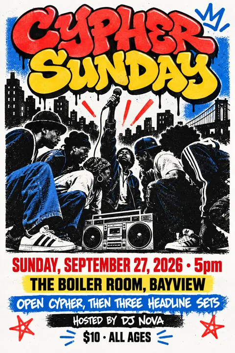80s NYC Hip Hop Flyer style poster for a fictional event called Cypher Sunday