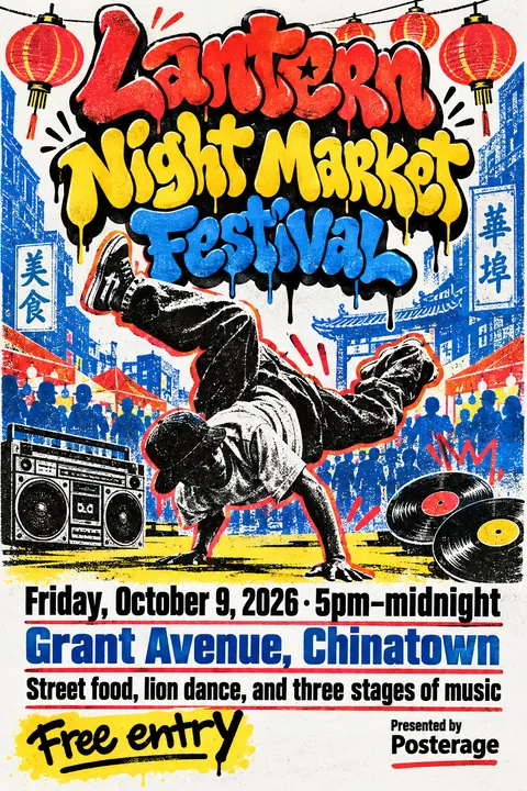 80s NYC Hip Hop Flyer style event poster for a fictional festival: Lantern Night Market Festival