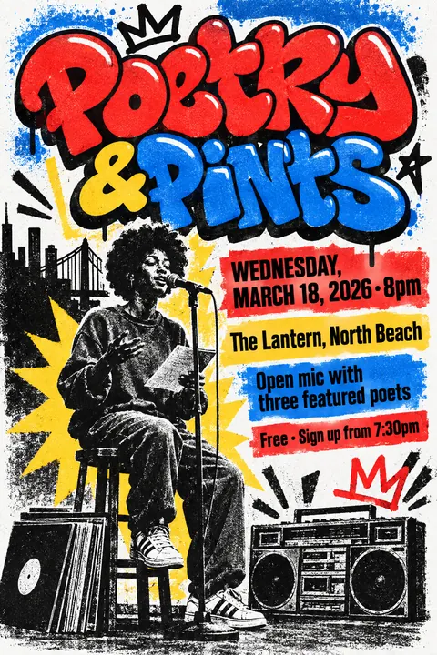 80s NYC Hip Hop Flyer style poster for a fictional event called Poetry & Pints