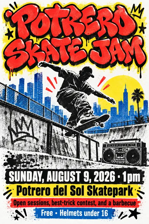 80s NYC Hip Hop Flyer style poster for a fictional event called Potrero Skate Jam