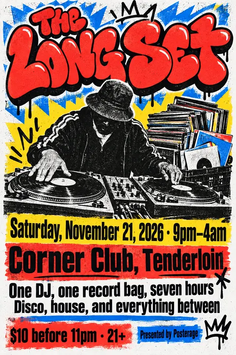 80s NYC Hip Hop Flyer style poster for a fictional event called The Long Set