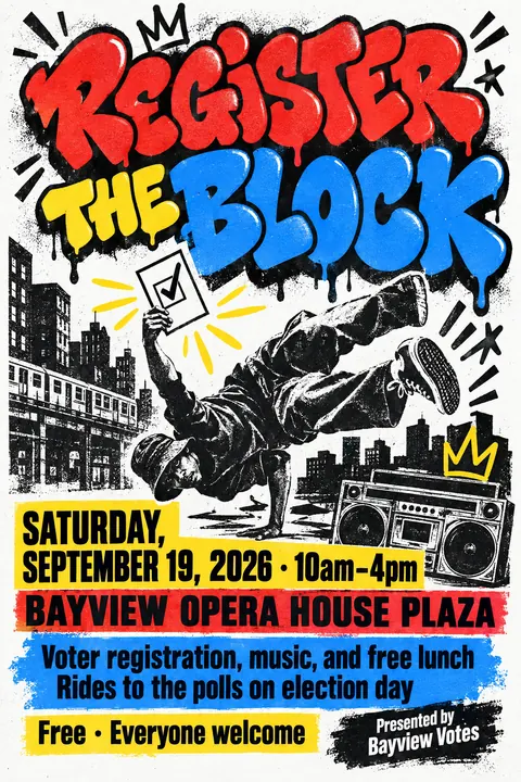 80s NYC Hip Hop Flyer style event poster for a fictional protest: Register the Block