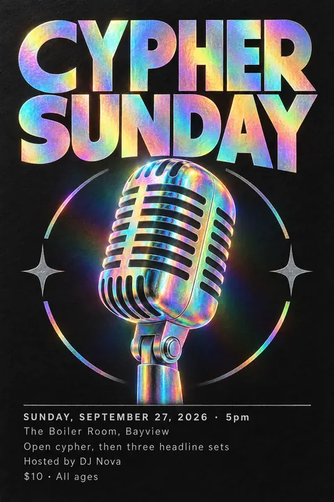 Holographic Foil style event poster for a fictional music: Cypher Sunday