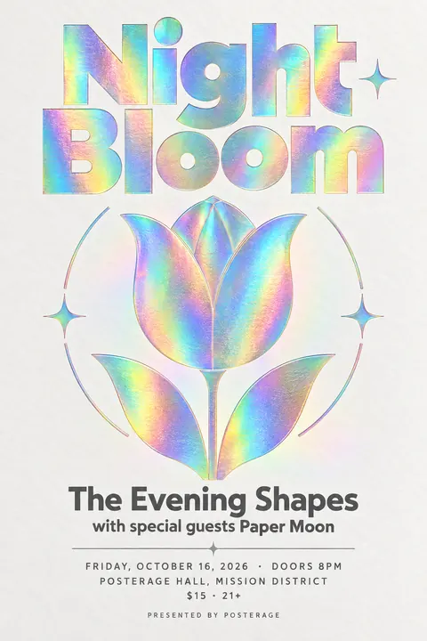 Holographic Foil style event poster for a fictional music: Night Bloom