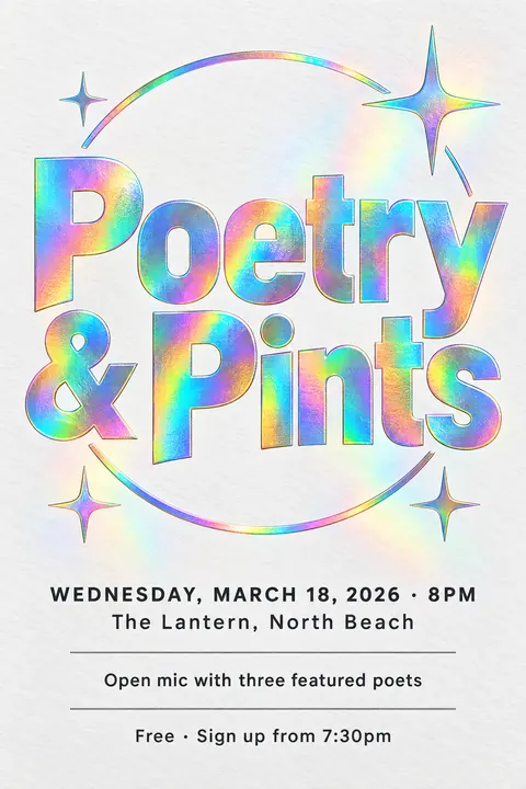 Holographic Foil style event poster for a fictional community: Poetry & Pints