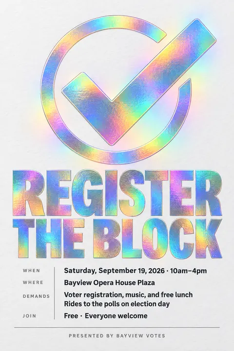 Holographic Foil style event poster for a fictional protest: Register the Block