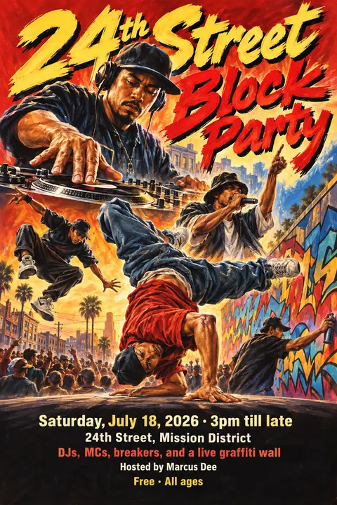 Hong Kong Cinema Poster style poster for a fictional event called 24th Street Block Party