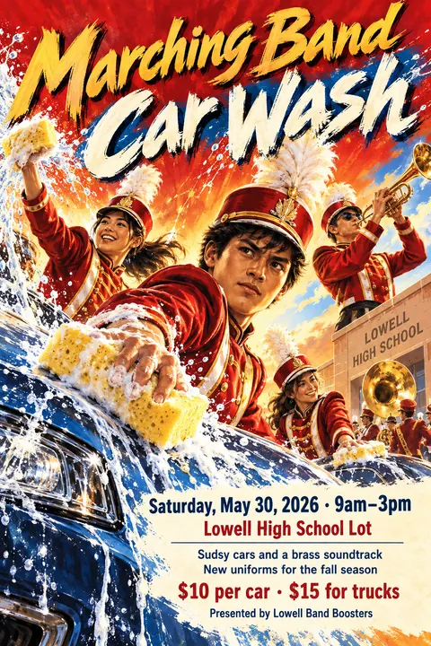 Hong Kong Cinema Poster style event poster for a fictional fundraiser: Marching Band Car Wash
