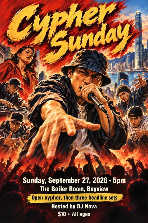 Hong Kong Cinema Poster style poster for a fictional event called Cypher Sunday