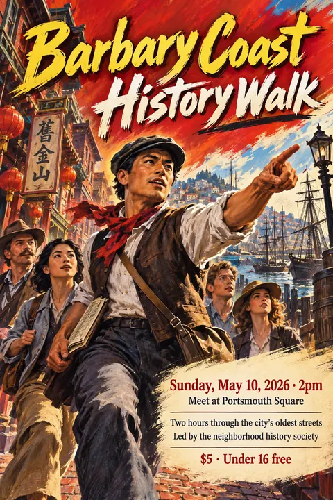 Hong Kong Cinema Poster style poster for a fictional event called Barbary Coast History Walk