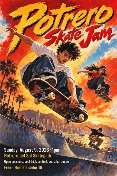 Hong Kong Cinema Poster style poster for a fictional event called Potrero Skate Jam