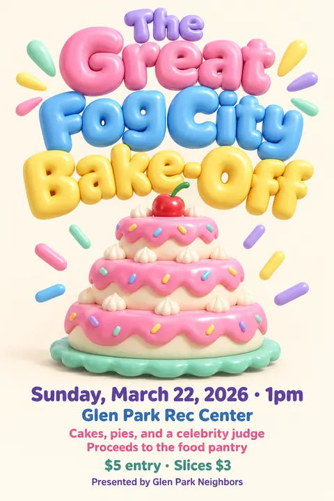 Inflated 3D style event poster for a fictional fundraiser: The Great Fog City Bake-Off