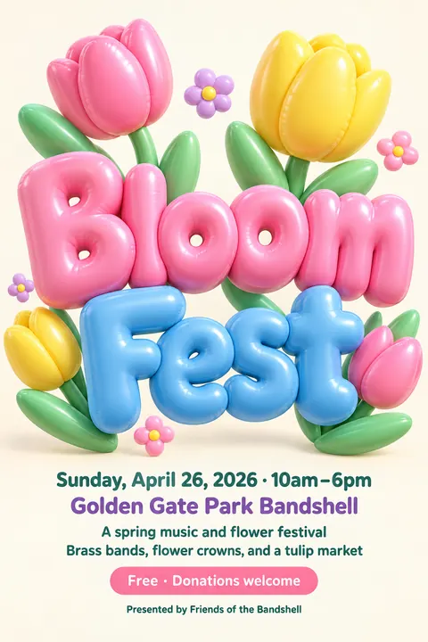 Inflated 3D style event poster for a fictional festival: Bloom Fest