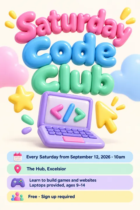 Inflated 3D style event poster for a fictional community: Saturday Code Club