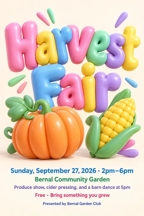 Inflated 3D style event poster for a fictional community: Harvest Fair
