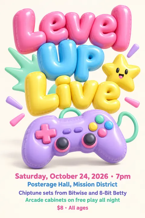 Inflated 3D style event poster for a fictional music: Level Up Live