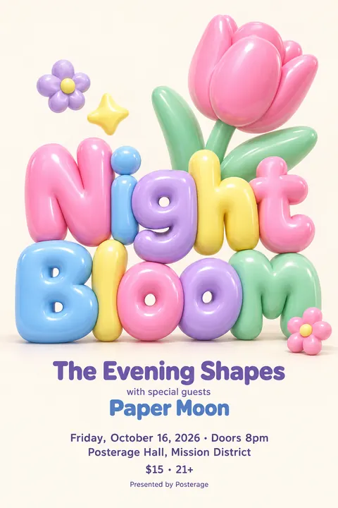 Inflated 3D style event poster for a fictional music: Night Bloom