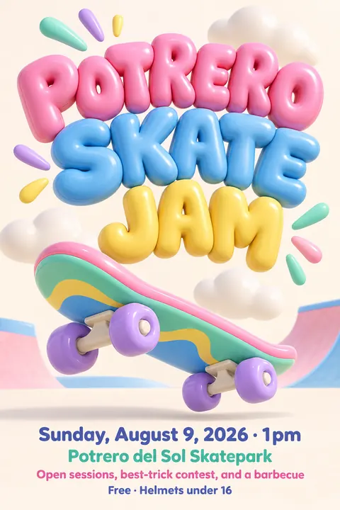 Inflated 3D style event poster for a fictional community: Potrero Skate Jam