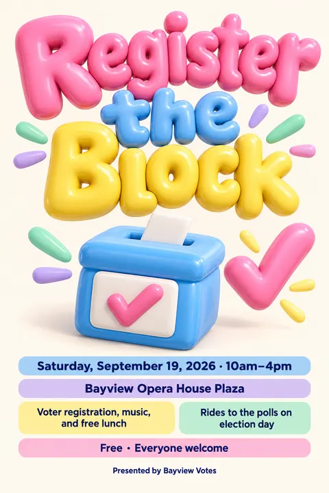 Inflated 3D style event poster for a fictional protest: Register the Block