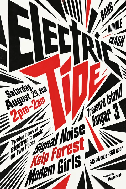 Italian Futurist Typography style event poster for a fictional festival: Electric Tide