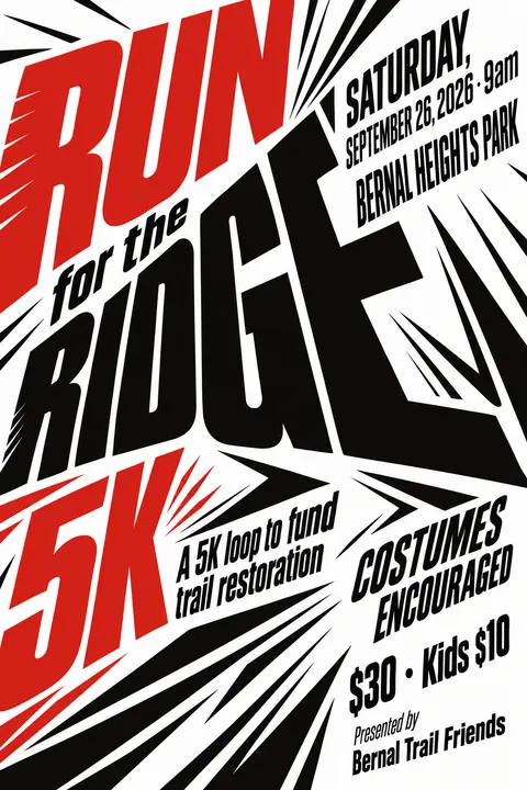 Italian Futurist Typography style event poster for a fictional fundraiser: Run for the Ridge