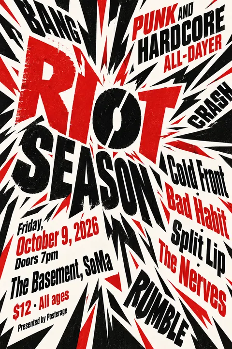 Italian Futurist Typography style poster for a fictional event called Riot Season