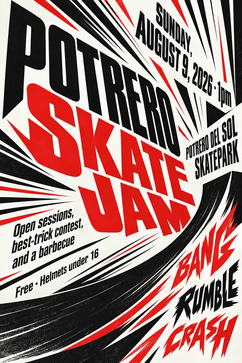 Italian Futurist Typography style poster for a fictional event called Potrero Skate Jam
