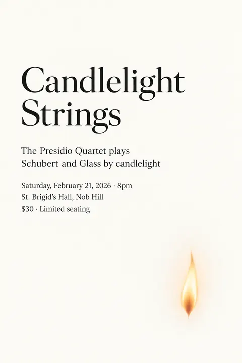 Japanese Minimal Poster style poster for a fictional event called Candlelight Strings