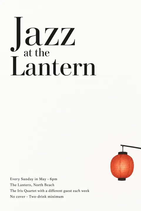 Japanese Minimal Poster style poster for a fictional event called Jazz at the Lantern