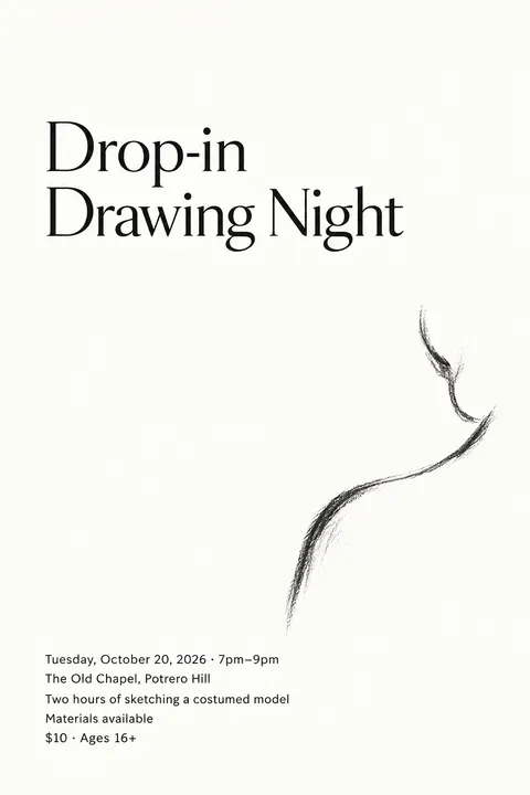 Japanese Minimal Poster style poster for a fictional event called Drop-in Drawing Night
