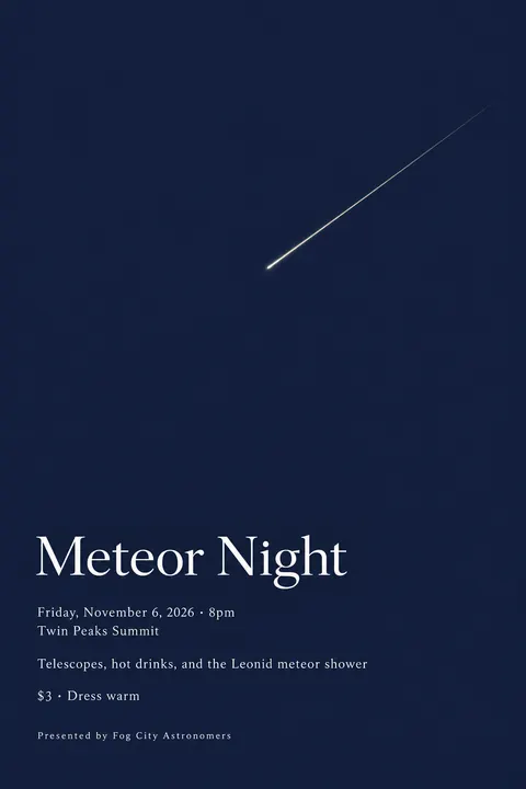 Japanese Minimal Poster style poster for a fictional event called Meteor Night