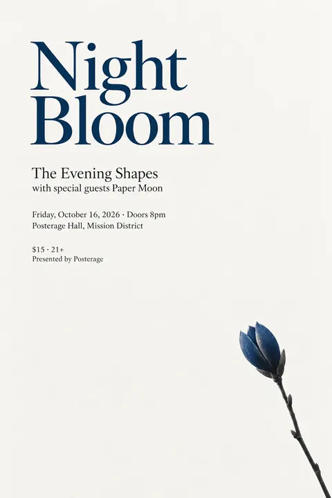 Japanese Minimal Poster style poster for a fictional event called Night Bloom