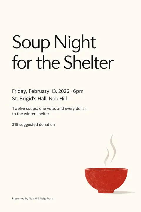 Japanese Minimal Poster style event poster for a fictional fundraiser: Soup Night for the Shelter