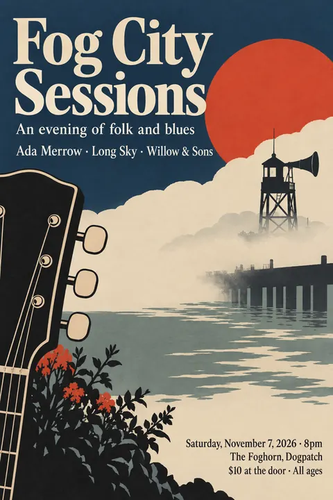 Japonisme style poster for a fictional event called Fog City Sessions