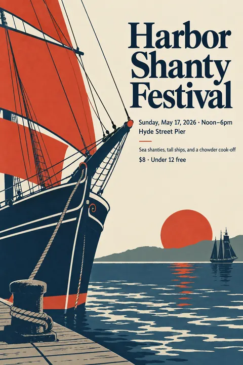 Japonisme style event poster for a fictional festival: Harbor Shanty Festival