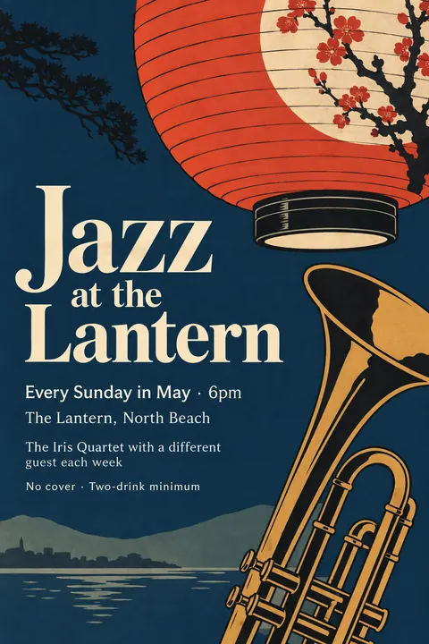 Japonisme style poster for a fictional event called Jazz at the Lantern