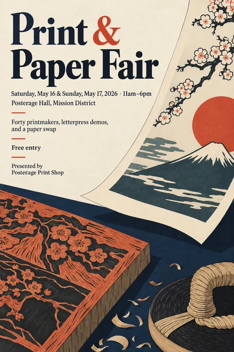 Japonisme style poster for a fictional event called Print & Paper Fair