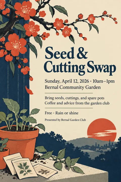 Japonisme style poster for a fictional event called Seed & Cutting Swap