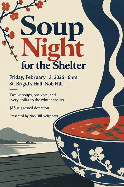 Japonisme style event poster for a fictional fundraiser: Soup Night for the Shelter
