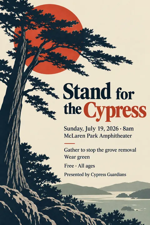 Japonisme style event poster for a fictional protest: Stand for the Cypress